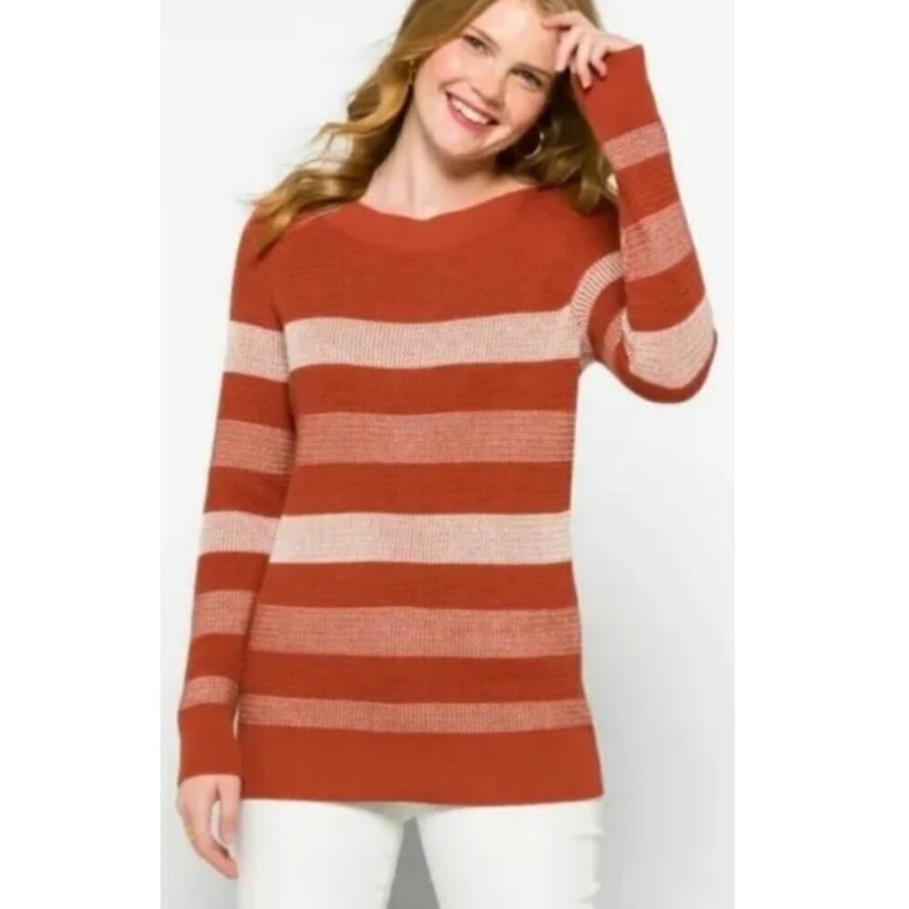 Market & Spruce Women's Rust Heather Cream Stripe Waffle Sweater Size L